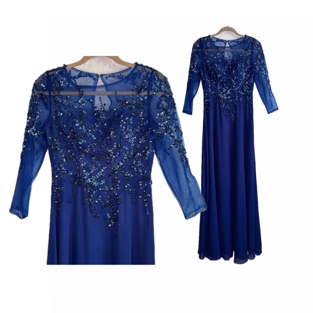 Vintage Meier Collection Royal Blue Beaded 3/4 Sleeve Formal Maxi Gown Size 6